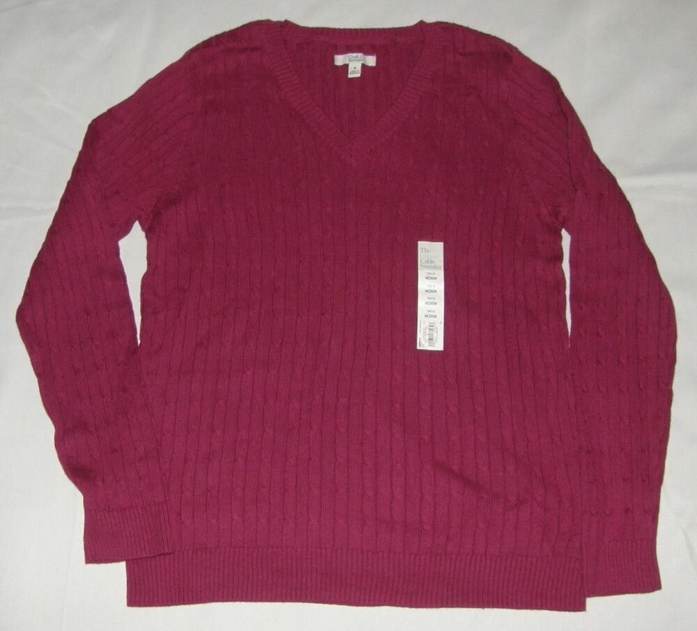 NEW Berry Purple Sz Medium Stretchy Cotton Cable Knit Pullover V-Neck Sweater